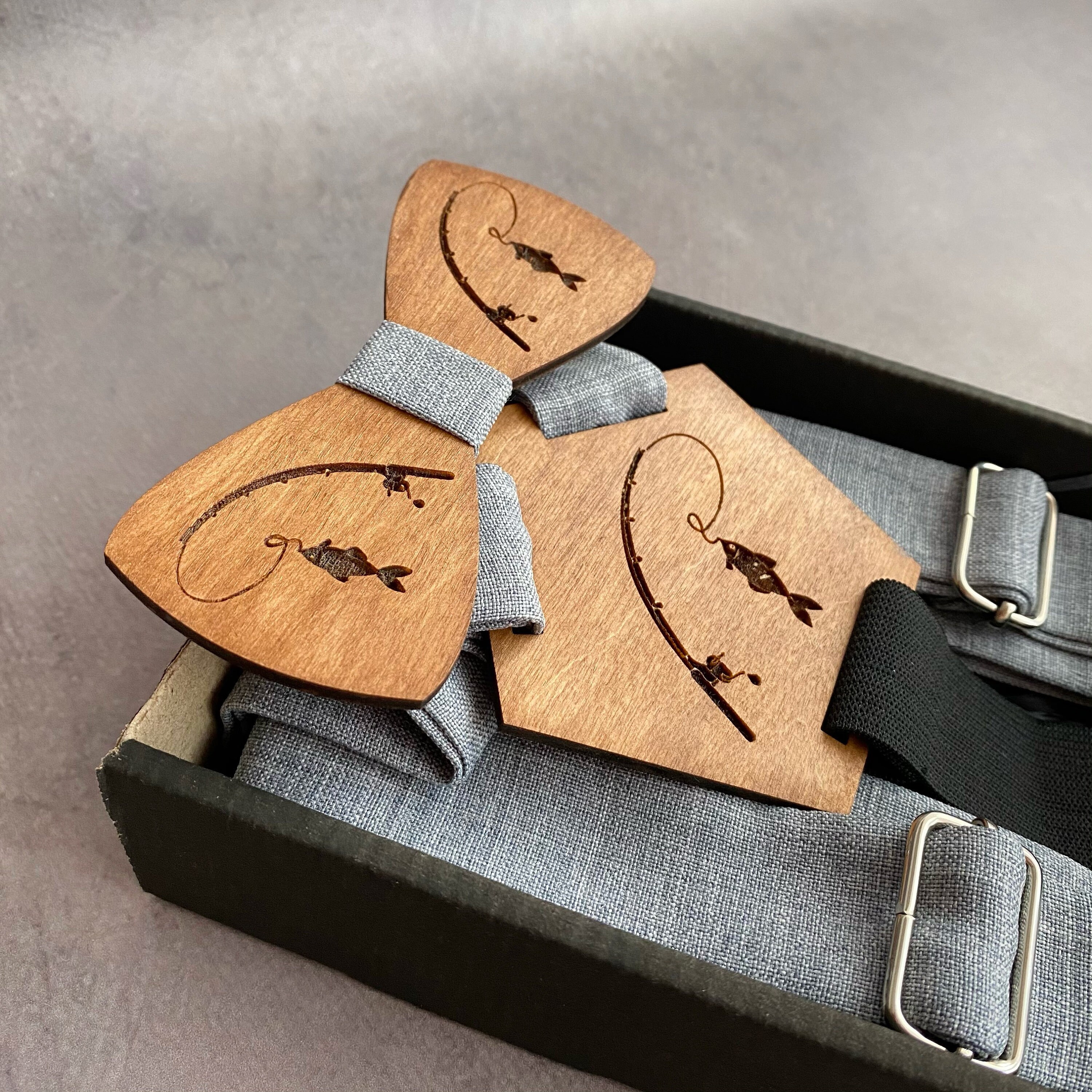 Wooden fish bow tie and suspenders Fathers day gift from Etsy