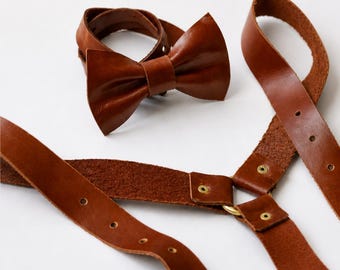 Leather Suspenders & Bow Tie, Rustic Wedding, Groomsmen Proposal Gift