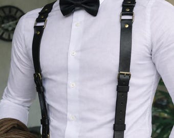 Tirantes de cuero negro para hombre, tirantes con arnés en forma de Y, accesorios para novios en bodas.