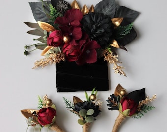 Wedding Corsage and Boutonniere Set with Bow Tie, Burgundy Floral Accessories for Groom