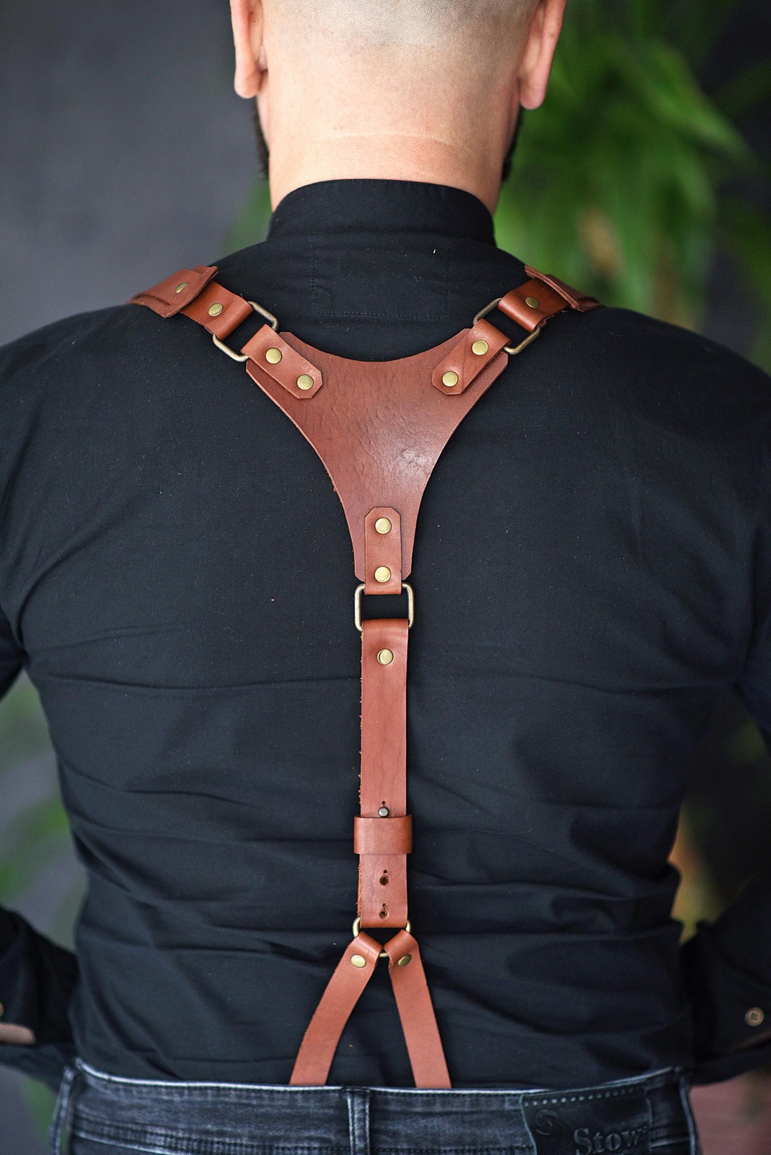 Mens Leather Suspenders With Hooks Groom Suspenders Handmade Cognac