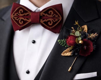 Groom Boutonniere and Wooden Bow Tie Set, Rustic Wedding Floral Lapel Pin