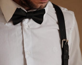 Groom Suspenders Set with Bow Tie, Wedding or Groomsmen Outfit Leather Accessories