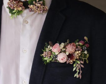 Mauve Floral Bow Tie and Pocket Boutonniere Set, Wedding Accessories for Groom, Groomsmen Gift