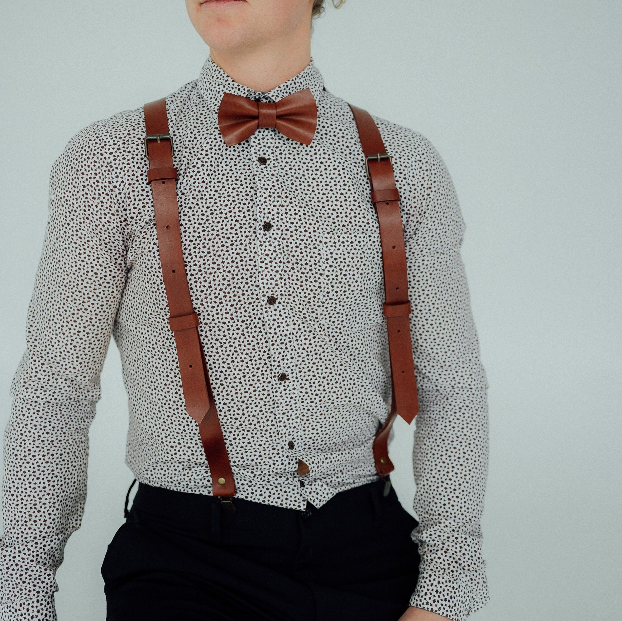 Rust suspenders Brown leather suspenders men Leather bowtie Etsy