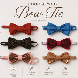 May include: A collection of six bow ties labeled Choose Your Bow Tie, featuring colors: 1 Terracotta, 2 Blue, 3 Emerald Green, 4 Magenta, 5 Peach, and 6 Beige. Some ties have intricate dark brown overlays or gold-toned corner accents.