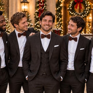 May include: Five individuals wearing dark charcoal suits, crisp white dress shirts, and textured dark brown bow ties. Each suit jacket features a notched lapel and a white pocket square. The attire is formal, coordinated, and consistent across all.
