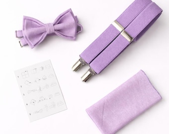 Lila outfitset voor bruidsjonkers met bretels, vlinderdas en pochet voor bruiloft