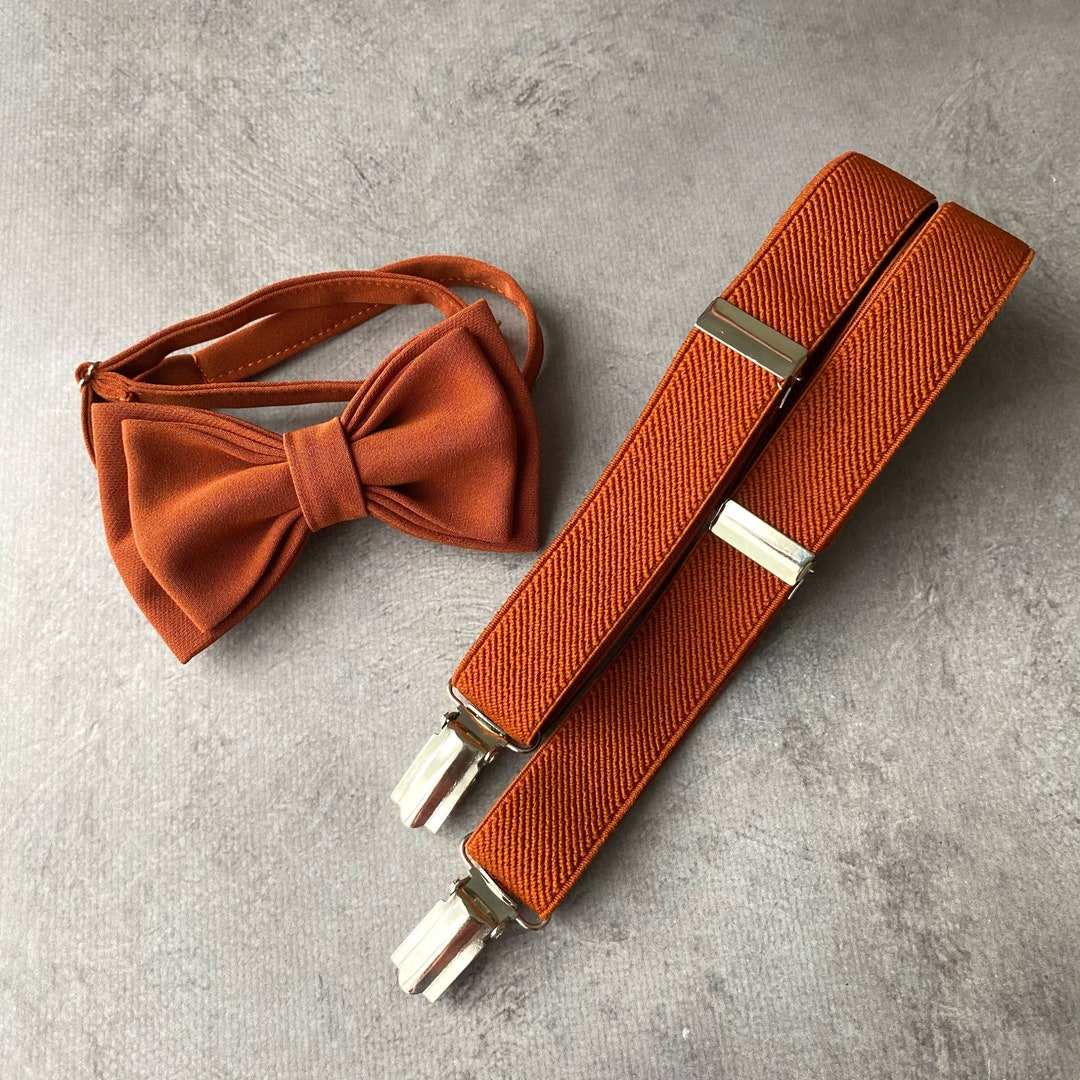 Cinnamon Bow Tie and Suspenders Groomsmen Bow Tie and Pocket Square Set Terracotta Wedding Bow