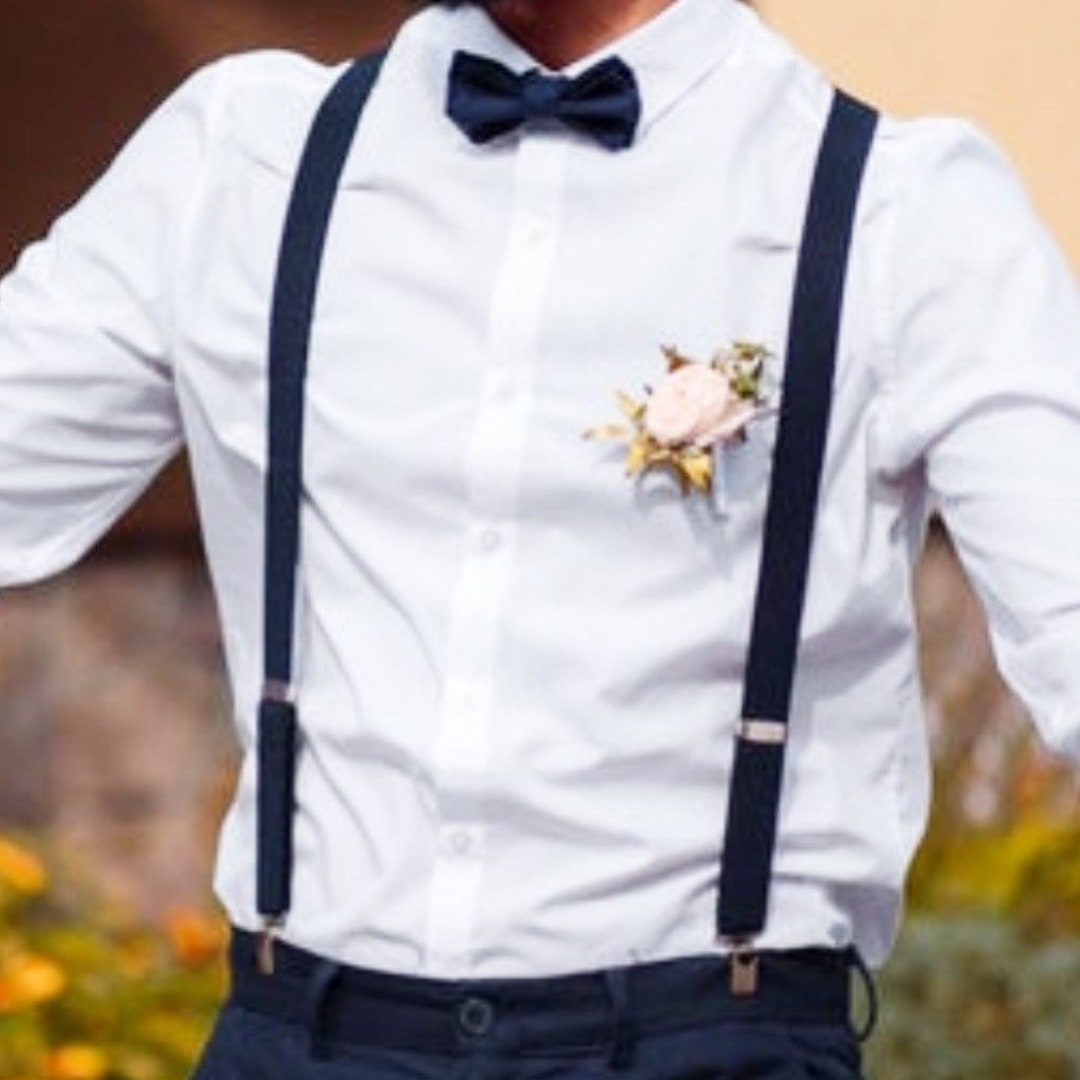 Groomsmen Bow Tie and Suspenders Wedding Navy Blue Bow Tie