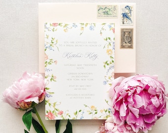Kathleen Watercolor Bridal Shower Invitation, Floral Wildflower Border, Euro Flap Envelopes