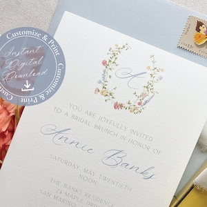 Annie Monogram Crest Wildflower Bridal Shower Invitation, Instant Canva Download, Customizable | Editable Digital Download