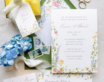 Laura Watercolor Garden Bridal Shower Invitation, Euro Flap Envelopes