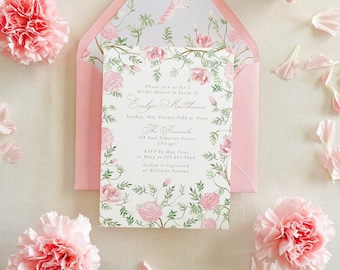 Evelyn Pink Chinoiserie Watercolor Bridal Shower Invitation, Euro Flap Envelopes
