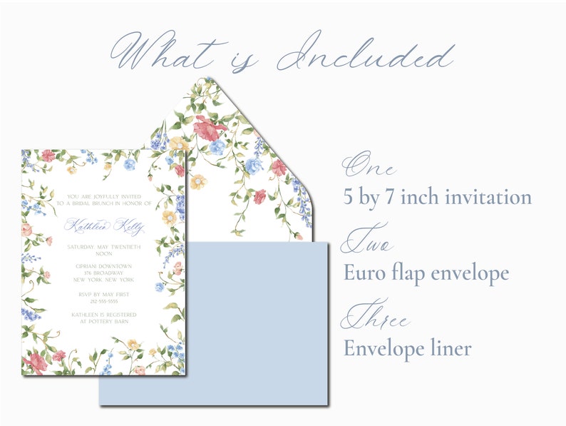 Kathleen Watercolor Bridal Shower Invitation, Floral Wildflower Border, Euro Flap Envelopes image 9
