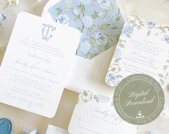 Charleston Blue Chinoiserie Digital Download Wedding Invitation | Editable Canva Template