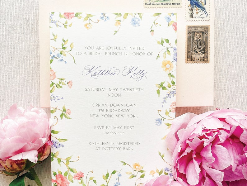 Kathleen Watercolor Bridal Shower Invitation, Floral Wildflower Border, Euro Flap Envelopes image 3