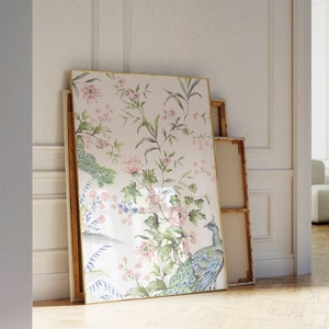 May include: A framed print with a floral design featuring a peacock and pink flowers on a light pink background.