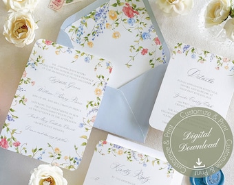 Mayfair Watercolor Wildflower Digital Download Wedding Invitation | Editable Canva Template