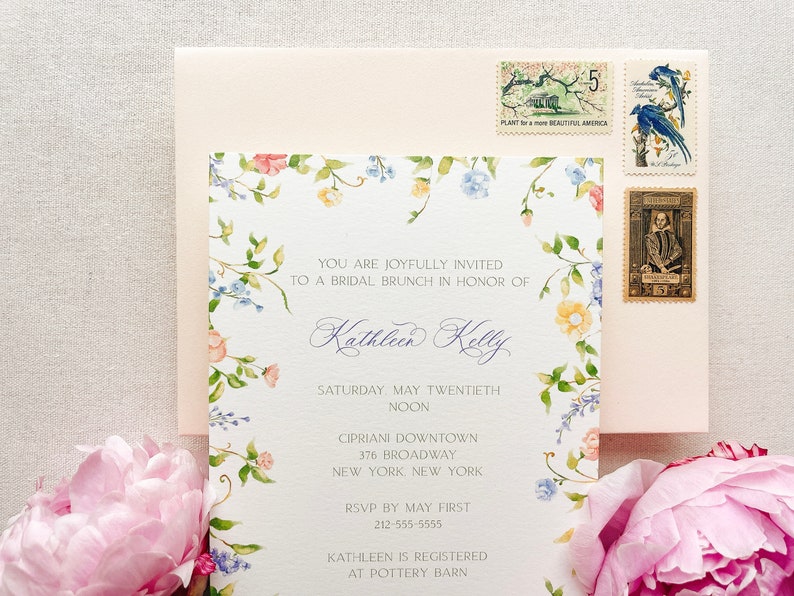 Kathleen Watercolor Bridal Shower Invitation, Floral Wildflower Border, Euro Flap Envelopes image 6