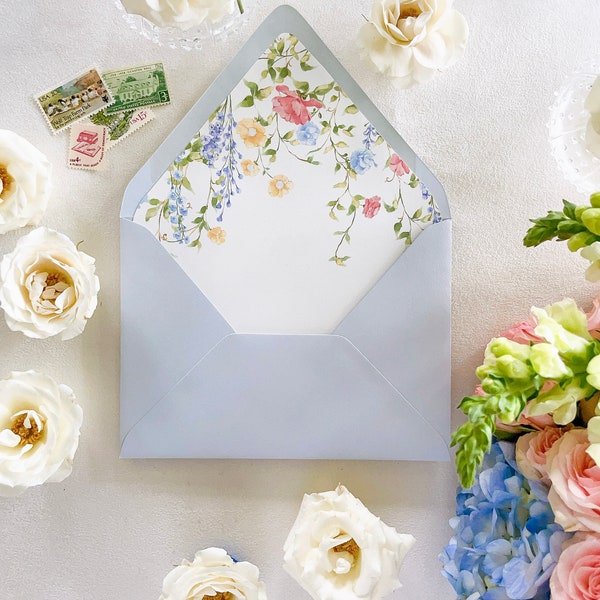 Floral Lined Envelopes, Monogram Lined Envelopes, Dusty Blue Lined Envelopes, Wedding Invitation Envelopes