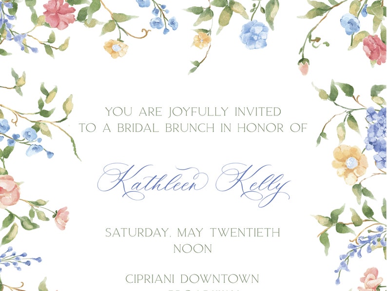 Kathleen Watercolor Bridal Shower Invitation, Floral Wildflower Border, Euro Flap Envelopes image 7