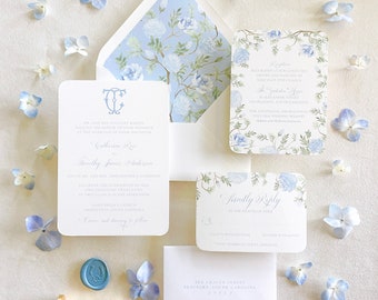 Charleston Blue Chinoiserie Wedding Invitation Suite, RSVP Card, Details Card, Printed, Custom