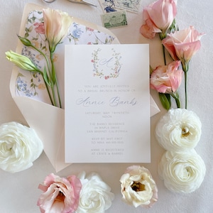Annie Floral Watercolor Monogram Invitation for Sweet and Simple Bridal Shower