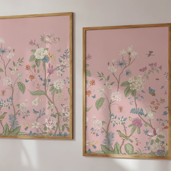 Pink Chinoiserie Art Prints 24 by 36 Inch | Wall Decor | Set of 2 | Instant Digital Download