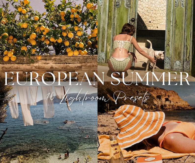 Puede incluir: Un collage de im&aacute;genes que muestran un limonero, una mujer en traje de ba&ntilde;o, un perro, una escena de playa y una mujer con un sombrero de sol. El texto "EUROPEAN SUMMER 10 Lightroom Presets" se muestra en la imagen.