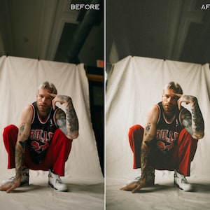 K&ouml;nnte beinhalten: Eine Person tr&auml;gt ein schwarzes und rotes Basketballtrikot mit dem Wort "BULLS" auf der Vorderseite, rote Hosen und wei&szlig;e Turnschuhe. Die Person sitzt auf dem Boden mit verschr&auml;nkten Armen und blickt in die Kamera.