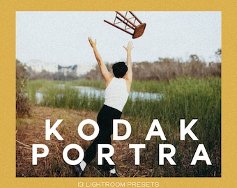 May include: A person throws a wooden chair in the air while standing in a grassy field. The text "KODAK PORTRA 13 LIGHTROOM PRESETS" is at the bottom of the image.