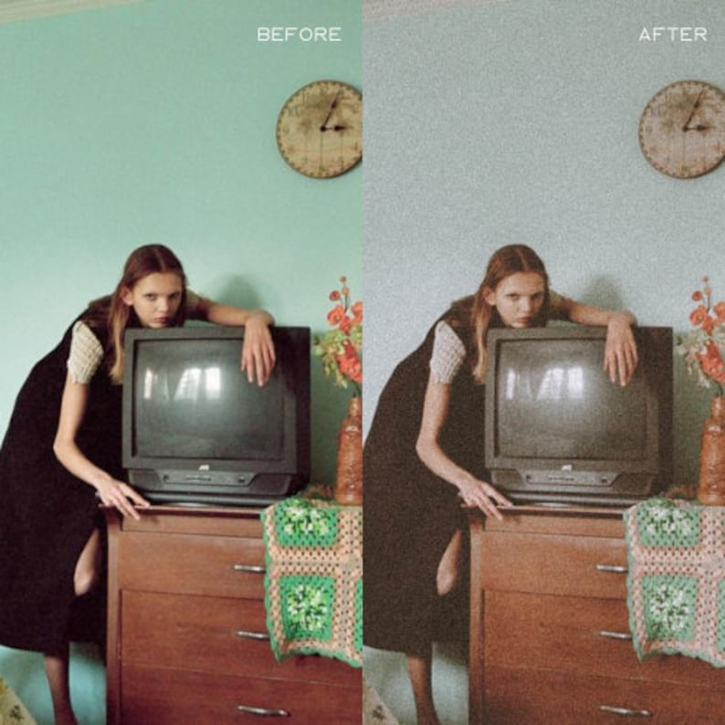 May include: A woman in a black dress leans on a vintage television set with a wooden cabinet. The television is on a dresser with a crocheted throw on top. The room is painted a light blue color and has a clock on the wall.