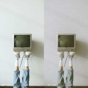 May include: A vintage television set with a person's legs and feet sticking out from behind it. The person is wearing white socks and sneakers. The television is on a white wall.