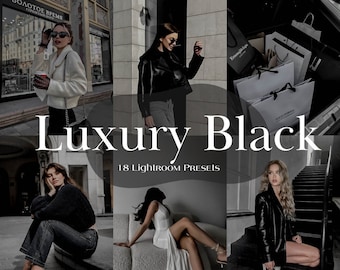 May include: A collage of images featuring people wearing black clothing and accessories. The text "Luxury Black 18 Lightroom Presets" is displayed in the center of the image.