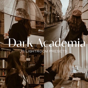 May include: A collage of images featuring a woman in a dark academia aesthetic. The images include a woman holding an umbrella, a woman walking down a street, and a woman sitting at a desk with a laptop. The text "Dark Academia" and "10 Lightroom Presets" is displayed on the image.