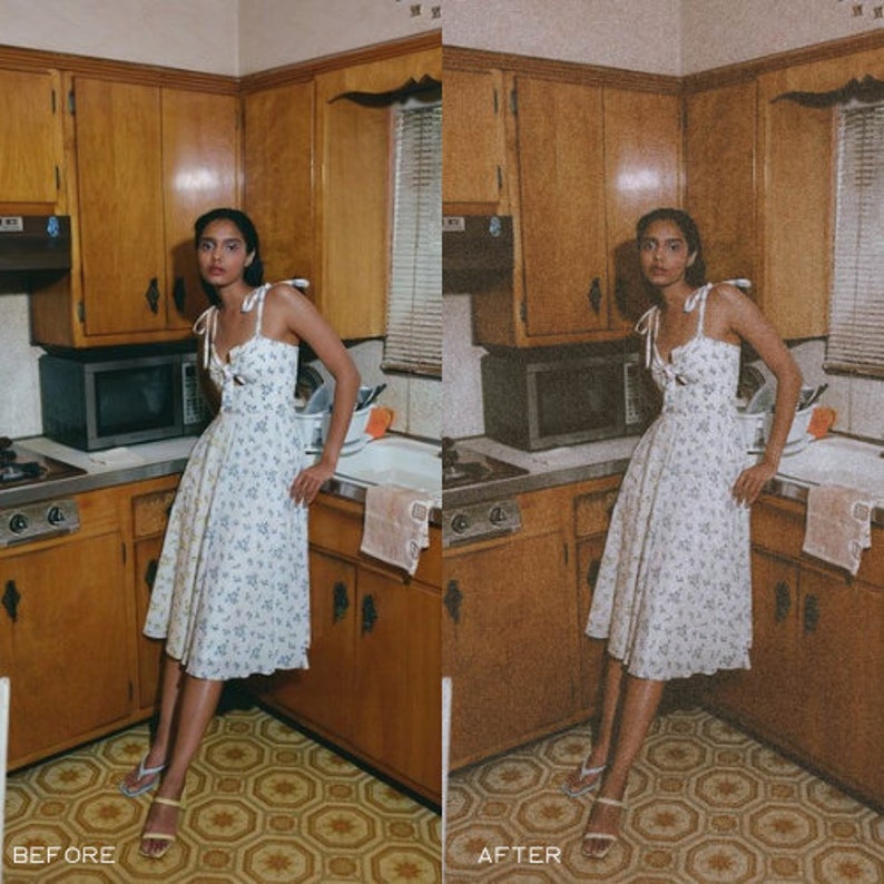 May include: A woman in a white floral dress stands in a kitchen with wood cabinets and a tiled floor. The woman is looking at the camera. The text "BEFORE" is in the bottom left corner of the image and the text "AFTER" is in the bottom right corner of the image.