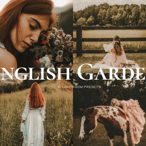 Könnte beinhalten: Ein Collage von vier Bildern mit warmer, Vintage-Ästhetik. Der Text "ENGLISH GARDEN" ist weiß überlagert, darunter "15 LIGHTROOM PRESETS". Die Bilder zeigen Menschen auf einem Feld, beim Lesen und mit Blumen, was ein romantisches, ländliches Thema hervorruft.