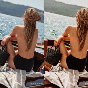Puede incluir: Una mujer con un traje de ba&ntilde;o negro y un pa&ntilde;uelo de cabeza con estampado marr&oacute;n y negro se sienta en un barco de madera con un bolso de paja tejido. El barco est&aacute; atracado en un puerto deportivo con vistas al agua y las monta&ntilde;as en la distancia.