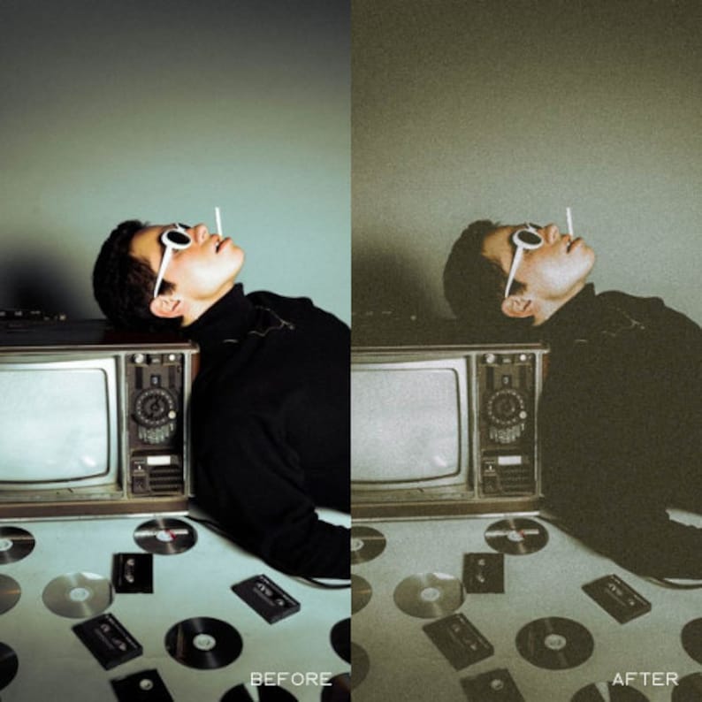 May include: A vintage-style television set with a black and white screen, surrounded by cassette tapes and a person wearing sunglasses lying on the floor. The image has a retro aesthetic.