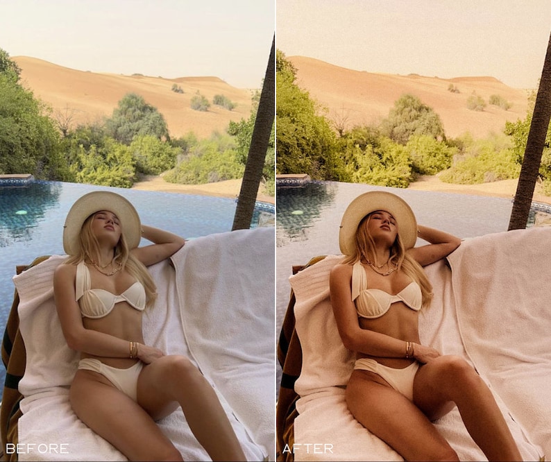 Puede incluir: Una mujer con un bikini blanco y un sombrero de paja de ala ancha se relaja en una tumbona blanca junto a una piscina. La piscina est&aacute; rodeada de vegetaci&oacute;n exuberante y dunas de arena en el fondo.