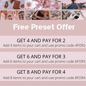 May include: A pink and white graphic with the text "Free Preset Offer" and three offers: "Get 4 and pay for 2", "Get 6 and pay for 3", and "Get 8 and pay for 4". Each offer includes instructions to add items to your cart and use a promo code.