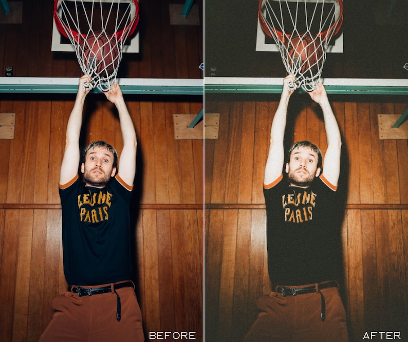 K&ouml;nnte beinhalten: Eine Person tr&auml;gt ein schwarzes T-Shirt mit dem Text "Leine Paris" in gelben Buchstaben, eine braune Hose und einen schwarzen G&uuml;rtel und springt hoch, um einen Basketball zu dunken. Die Person befindet sich in einer Sporthalle mit Holzvert&auml;felung an den W&auml;nden.