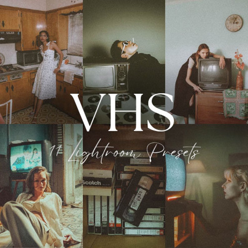 May include: A set of 17 Lightroom presets called "VHS" that give photos a vintage, grainy, and faded look. The presets are displayed on a collage of images featuring people and vintage electronics.