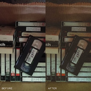 May include: A stack of VHS tapes, some with labels, including one with the title "The Ring" and the text "MEMOREX" on the spine. The tapes are arranged in a vertical stack, with the top tape being the most visible. The image shows the difference between a before and after image, with the after image showing a more faded and worn look.