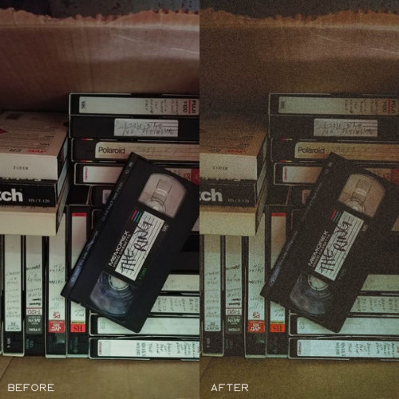 May include: A stack of VHS tapes, some with labels, including one with the title "The Ring" and the text "MEMOREX" on the spine. The tapes are arranged in a vertical stack, with the top tape being the most visible. The image shows the difference between a before and after image, with the after image showing a more faded and worn look.