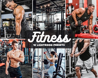 May include: A collage of images featuring people working out in a gym. The images are arranged in a grid pattern and feature a variety of exercises, including weightlifting, cardio, and stretching. The text "Fitness 10 Lightroom Presets" is displayed in a large font at the center of the collage.