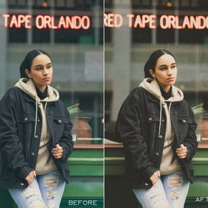 K&ouml;nnte beinhalten: Eine Person tr&auml;gt eine schwarze Jeansjacke &uuml;ber einem beigen Hoodie und blaue Jeans mit Destroyed-Details. Die Person steht vor einem Ladenlokal mit einem roten Neon-Schild, auf dem "RED TAPE ORLANDO" steht.