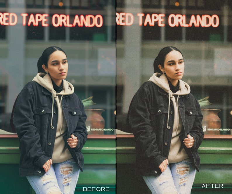 K&ouml;nnte beinhalten: Eine Person tr&auml;gt eine schwarze Jeansjacke &uuml;ber einem beigen Hoodie und blaue Jeans mit Destroyed-Details. Die Person steht vor einem Ladenlokal mit einem roten Neon-Schild, auf dem "RED TAPE ORLANDO" steht.