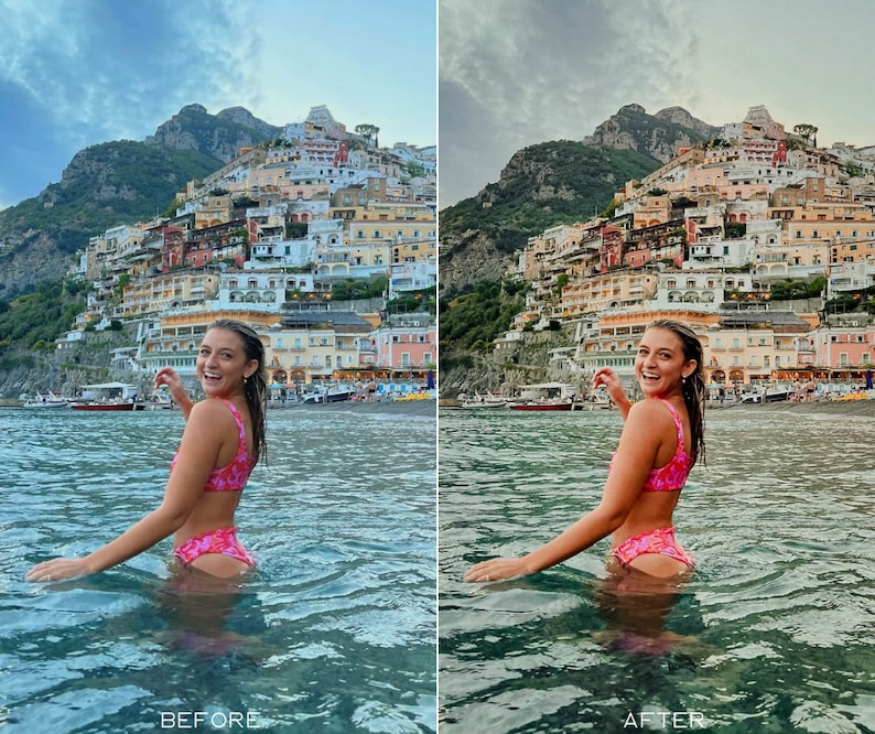 Puede incluir: Una mujer con un bikini rosa con estampado floral se encuentra en el agua, sonriendo y mirando por encima del hombro. El agua es clara y azul, y en el fondo hay una colina con un pueblo construido en ella.